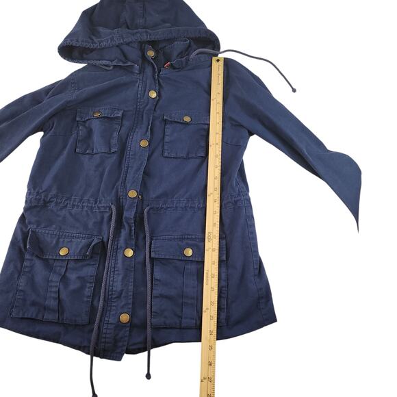 Navy Blue Cargo Jacket Womens Medium Gold Red Hooded Full Zip Utility Chore - Picture 13 of 16